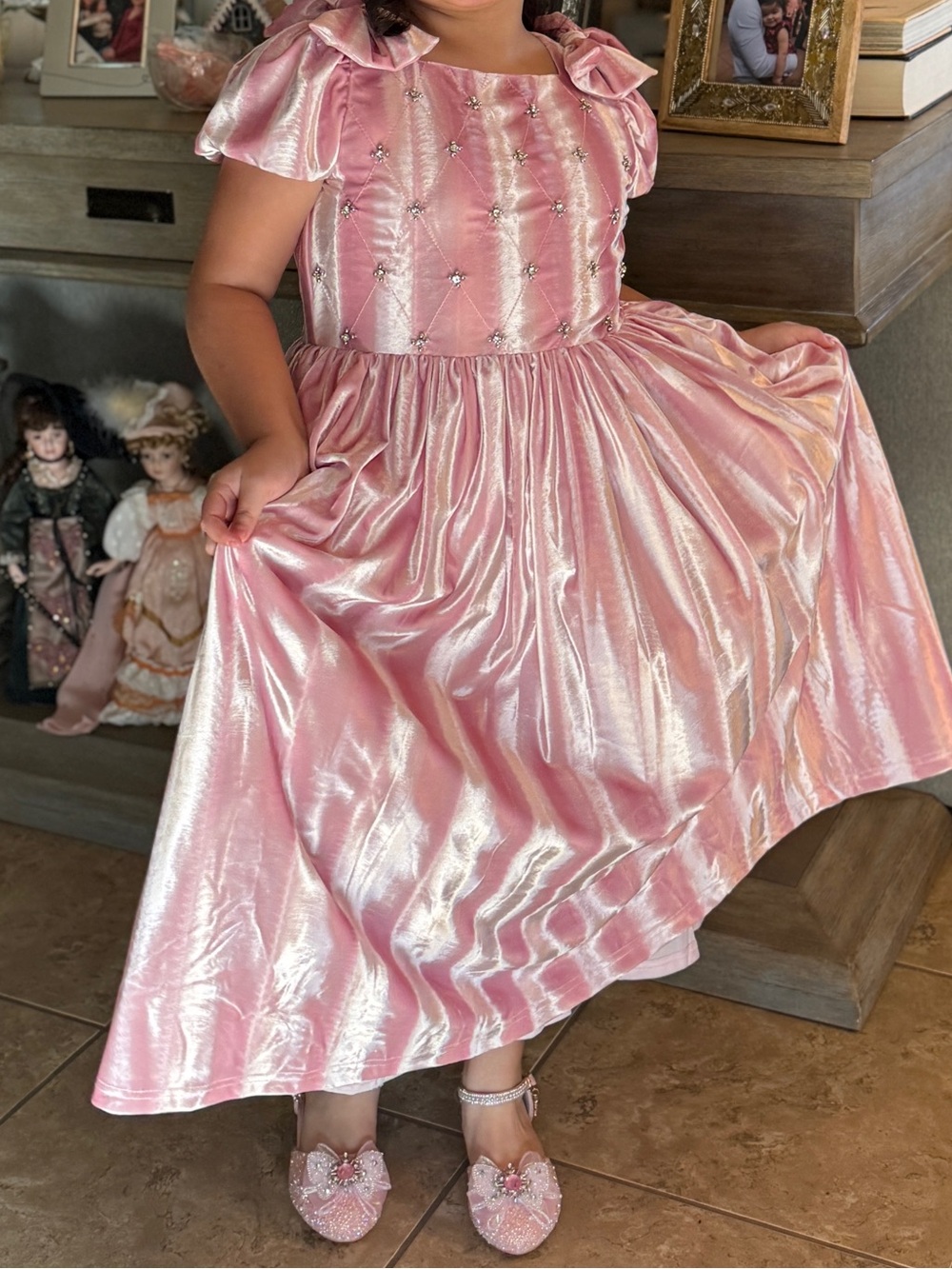Ivy City Co Shimmery Light Pink Princess Dress with Puff Sleeves